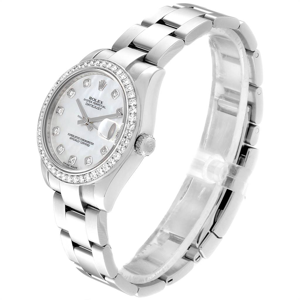 The Rolex Mid-Size 178384 Women's Stainless Steel Mother of Pearl Dial 178384 Women's Stainless Steel Mother of Pearl Dial watch is shown at a right-side angle, displaying the case, dial, bracelet, and diamond-set bezel.