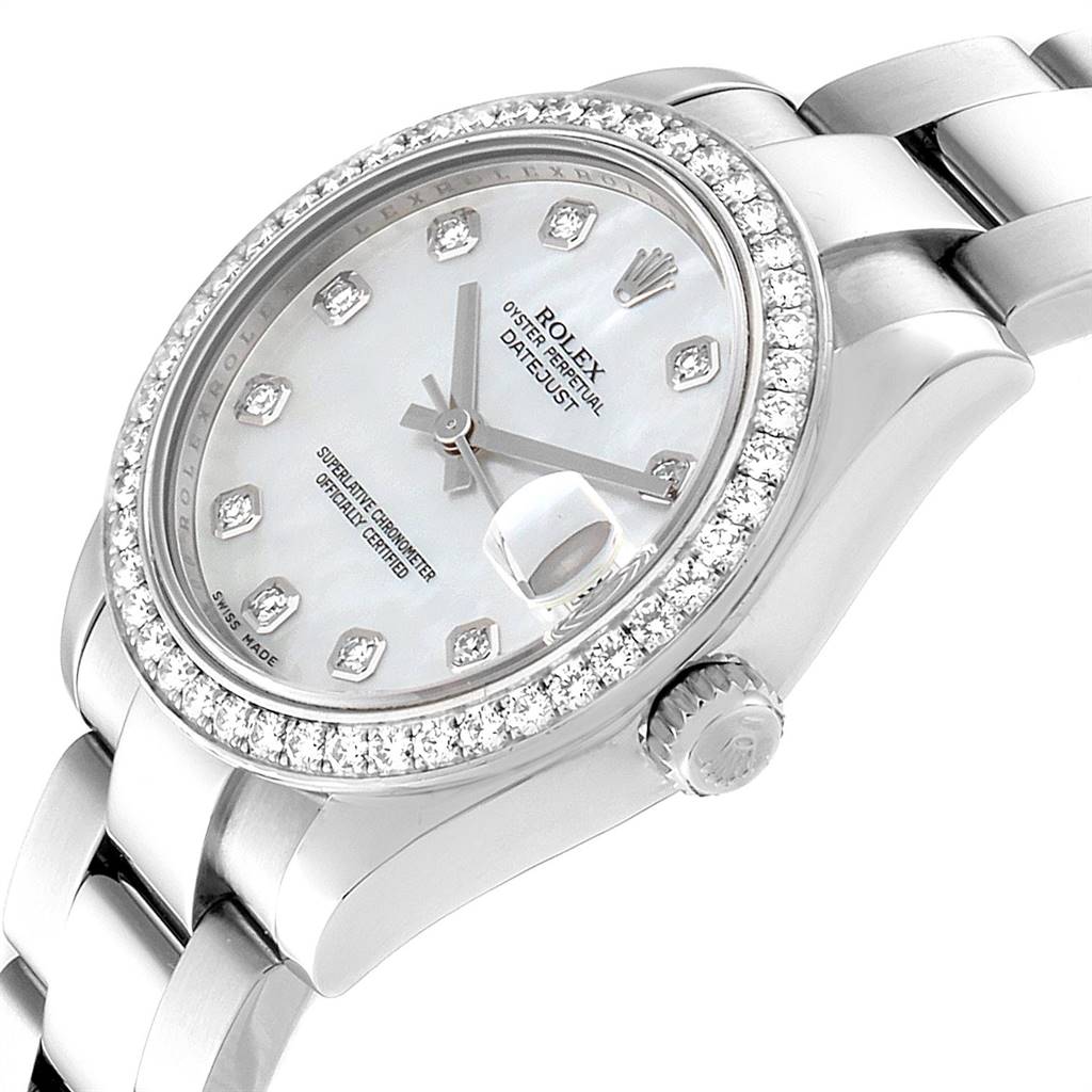 The image shows a close-up view of a Mid-Size Rolex Datejust watch, highlighting its diamond-studded bezel, dial, and bracelet.