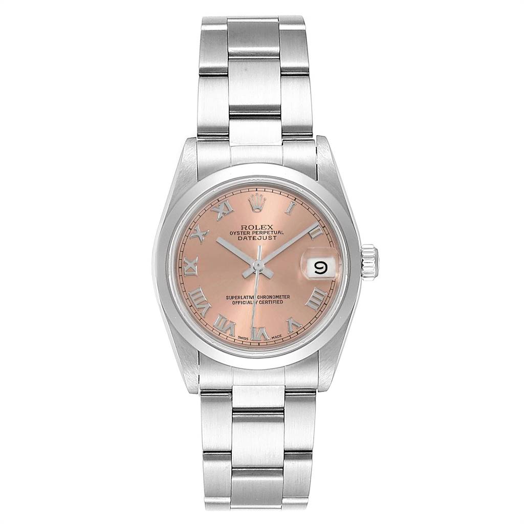 This image shows a front view of a Rolex Oyster Perpetual Datejust Mid-Size watch, featuring the dial, bezel, and bracelet.