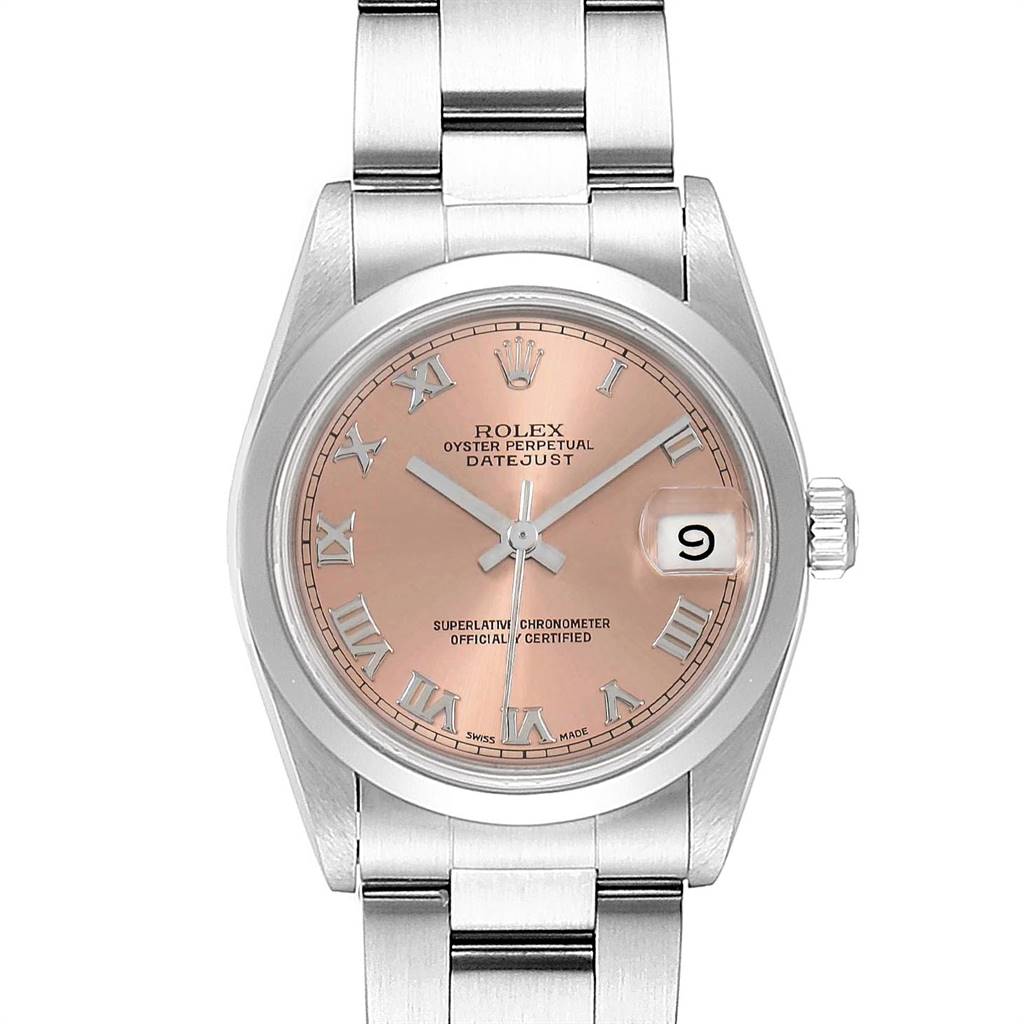 The image shows a front view of a Rolex Oyster Perpetual Datejust Mid-Size watch featuring a pink dial with Roman numerals and a date display.