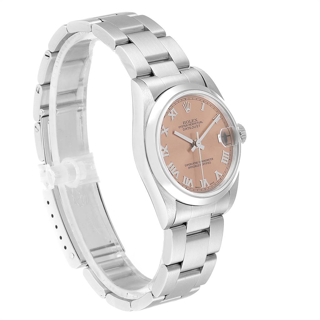 The angle shows a left-side view of a Rolex Mid-Size 68240 Women's Stainless Steel Pink Dial 68240 Women's Stainless Steel Pink Dial Oyster Perpetual Datejust, highlighting its bracelet and pink dial.