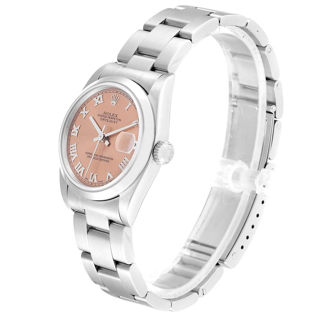 This image shows a side angle of a Rolex Mid-Size 68240 Women's Stainless Steel Pink Dial 68240 Women's Stainless Steel Pink Dial Oyster Perpetual Datejust watch, displaying its bracelet, case, and dial.