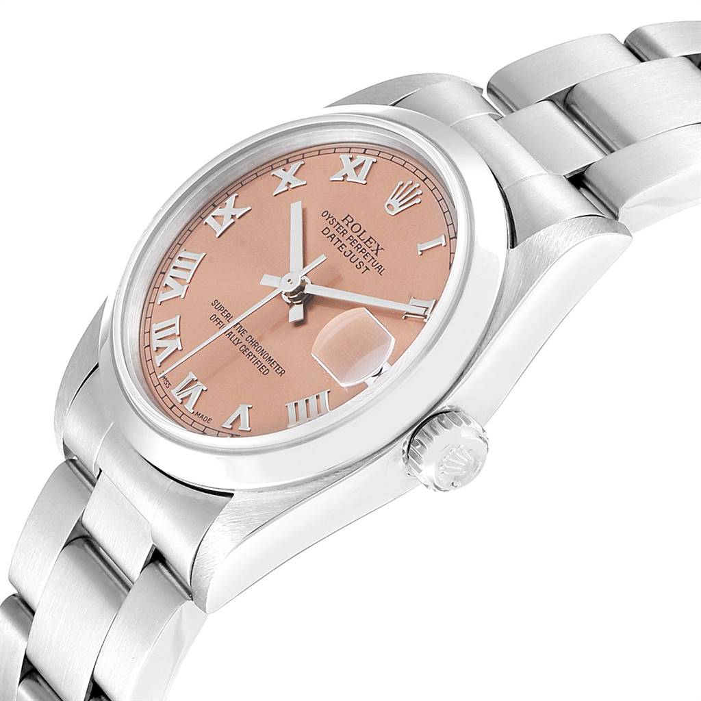 The image shows a Rolex Mid-Size 68240 Women's Stainless Steel Pink Dial 68240 Women's Stainless Steel Pink Dial Datejust watch at an angle showcasing the face, crown, and bracelet.