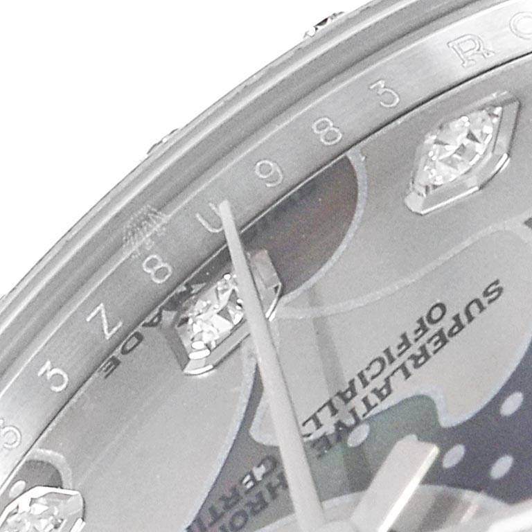 This image shows a close-up of the Rolex Mid-Size 178344 Women's Stainless Steel Mother of Pearl Dial 178344 Women's Stainless Steel Mother of Pearl Dial watch dial, highlighting the diamond hour markers and partial numbering.