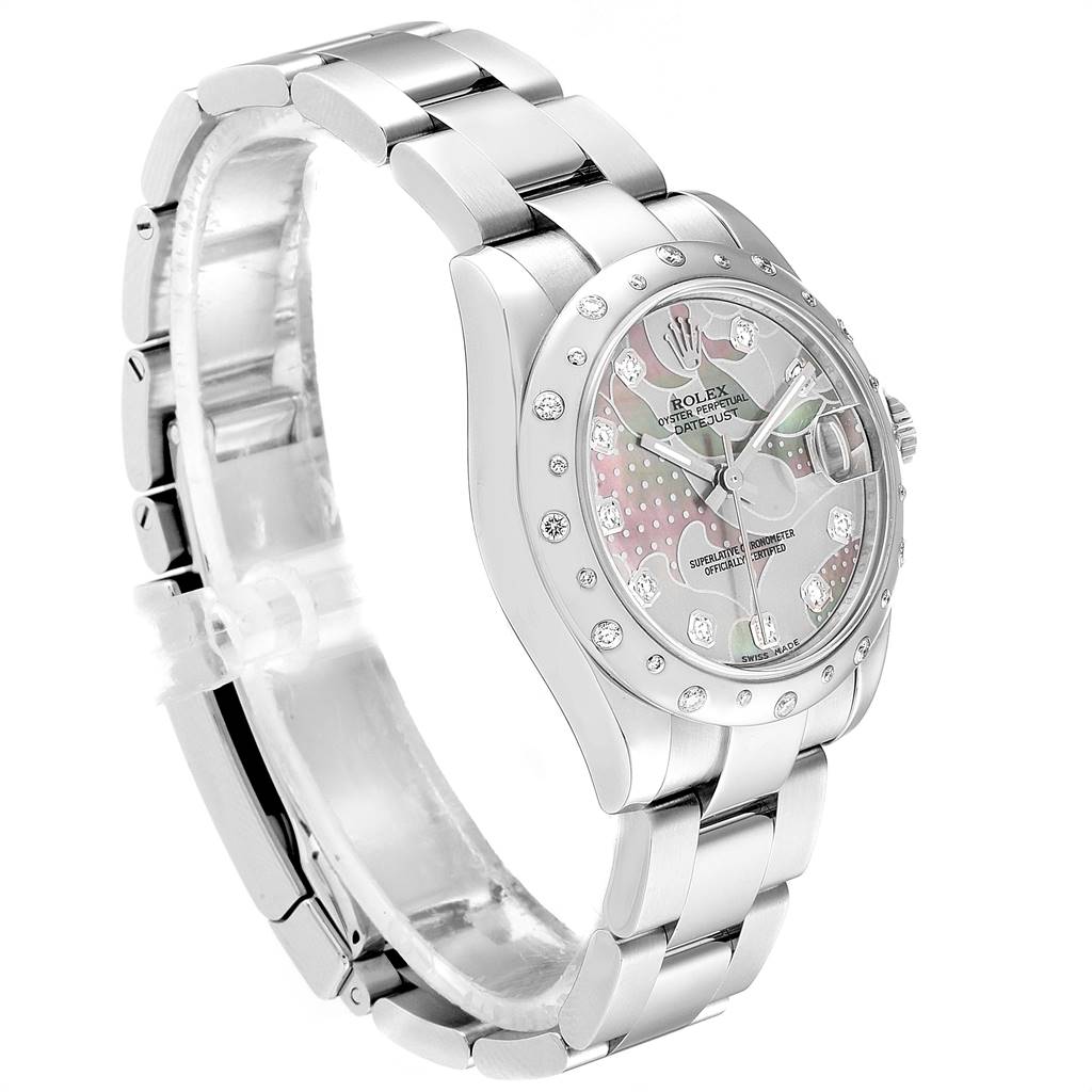 The image shows a side angle view of a Rolex Mid-Size 178344 Women's Stainless Steel Mother of Pearl Dial 178344 Women's Stainless Steel Mother of Pearl Dial Datejust with a silver bracelet and a diamond-studded bezel.
