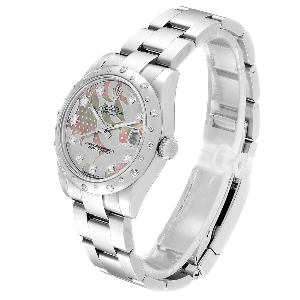The image shows a side and top view of a Mid-Size Rolex Datejust watch with a silver bracelet and diamond-studded bezel.