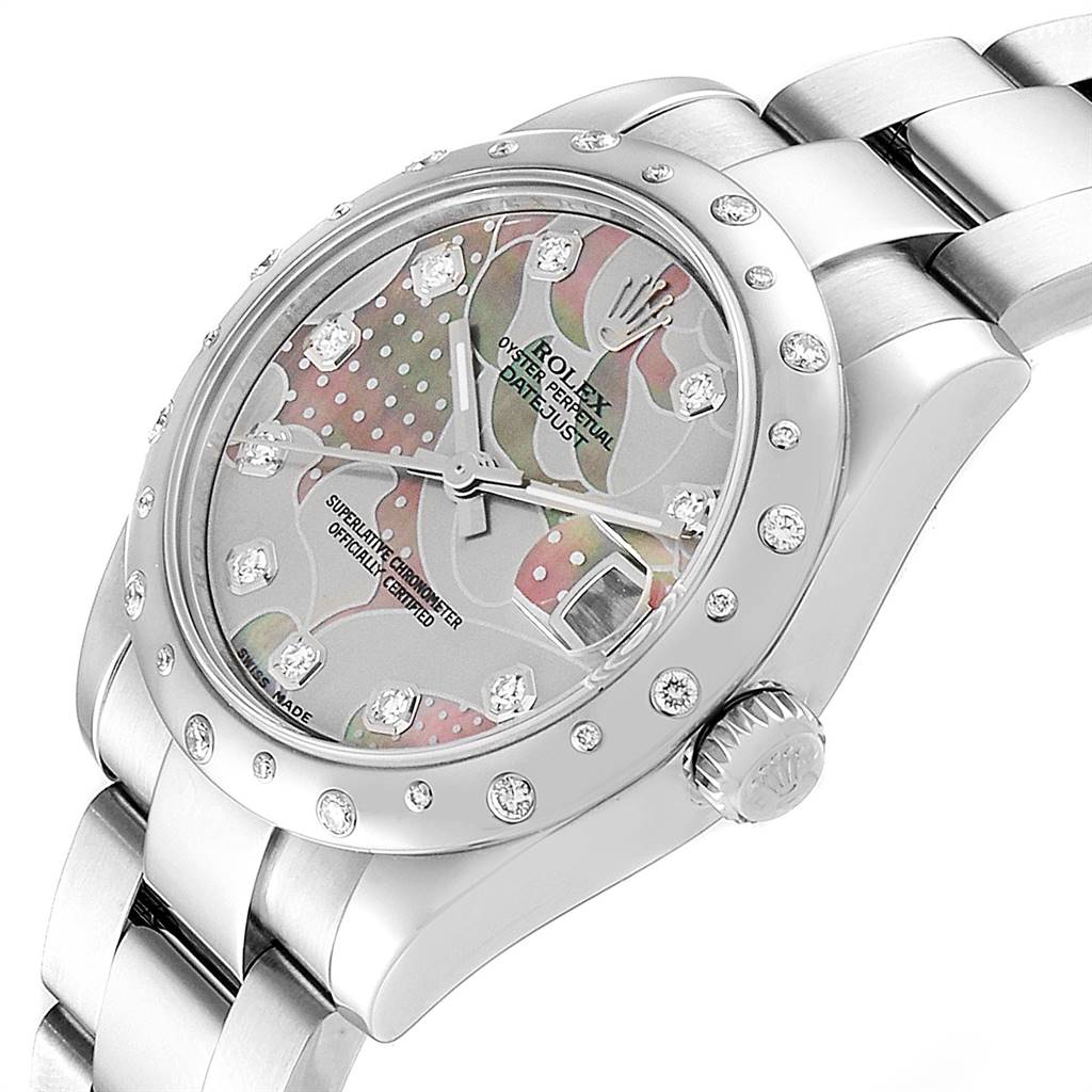 This image shows a close-up angle of a Rolex Mid-Size 178344 Women's Stainless Steel Mother of Pearl Dial 178344 Women's Stainless Steel Mother of Pearl Dial Oyster Perpetual Datejust, highlighting the dial, bezel, and part of the bracelet.