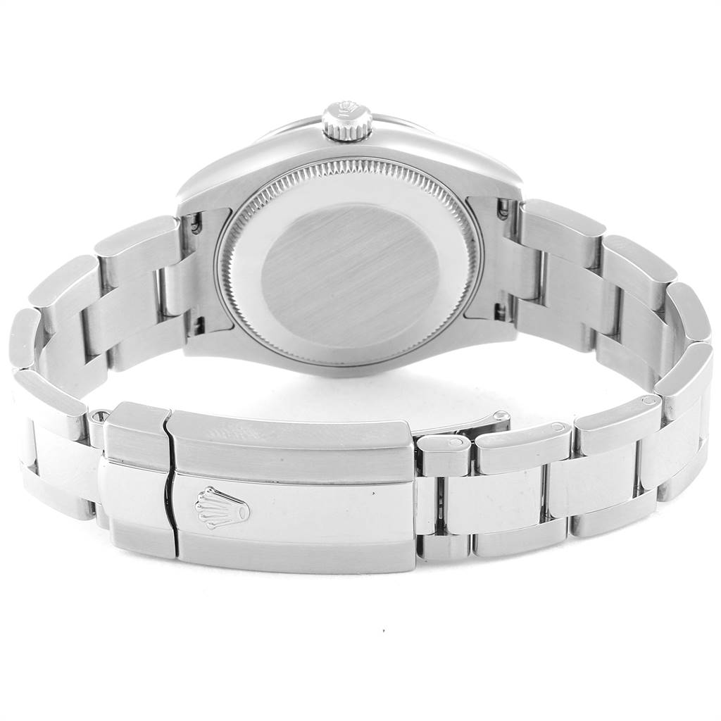 The image shows the back case and bracelet clasp of a Rolex Mid-Size 178344 Women's Stainless Steel Mother of Pearl Dial 178344 Women's Stainless Steel Mother of Pearl Dial watch from a rear angle.