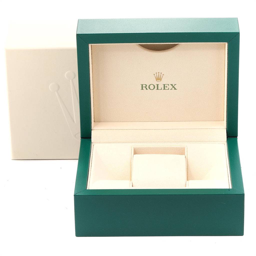 The image shows an open Rolex watch box for a Mid-Size model, displaying the inside cushion and outer packaging.