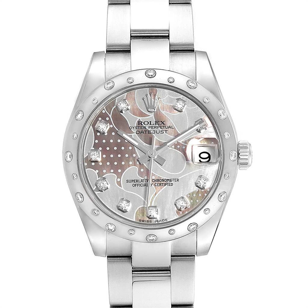 The image shows a front view of the Rolex Mid-Size 178344 Women's Stainless Steel Mother of Pearl Dial 178344 Women's Stainless Steel Mother of Pearl Dial Oyster Perpetual Datejust watch, highlighting its dial, bezel, hands, and bracelet.