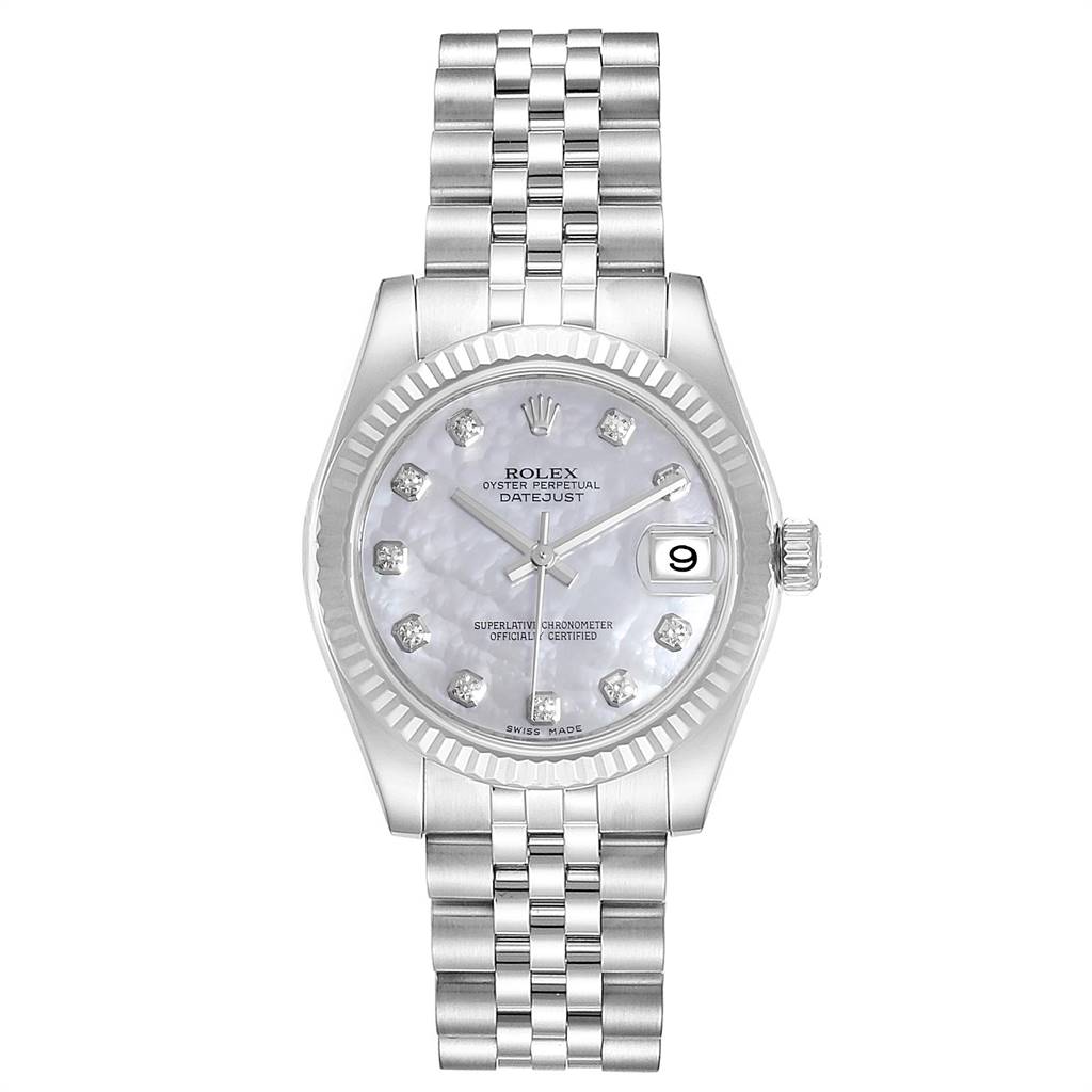 The Rolex Mid-Size 178274 Women's Stainless Steel Mother of Pearl Dial 178274 Women's Stainless Steel Mother of Pearl Dial Oyster Perpetual Datejust watch is shown from the front, highlighting its dial, bezel, and bracelet.
