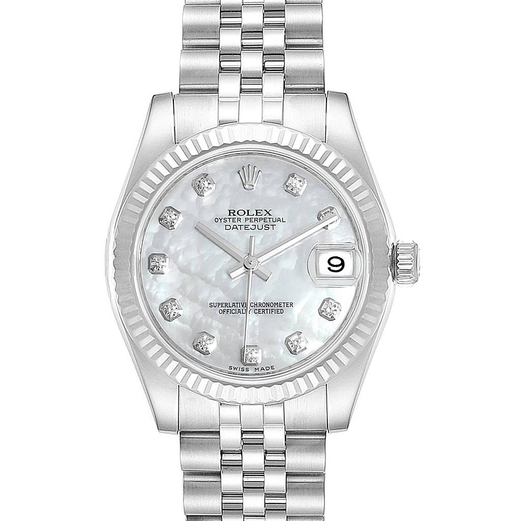 This image shows a front view of a Rolex Mid-Size 178274 Women's Stainless Steel Mother of Pearl Dial 178274 Women's Stainless Steel Mother of Pearl Dial Datejust watch, displaying the dial, hands, bracelet, and date function.