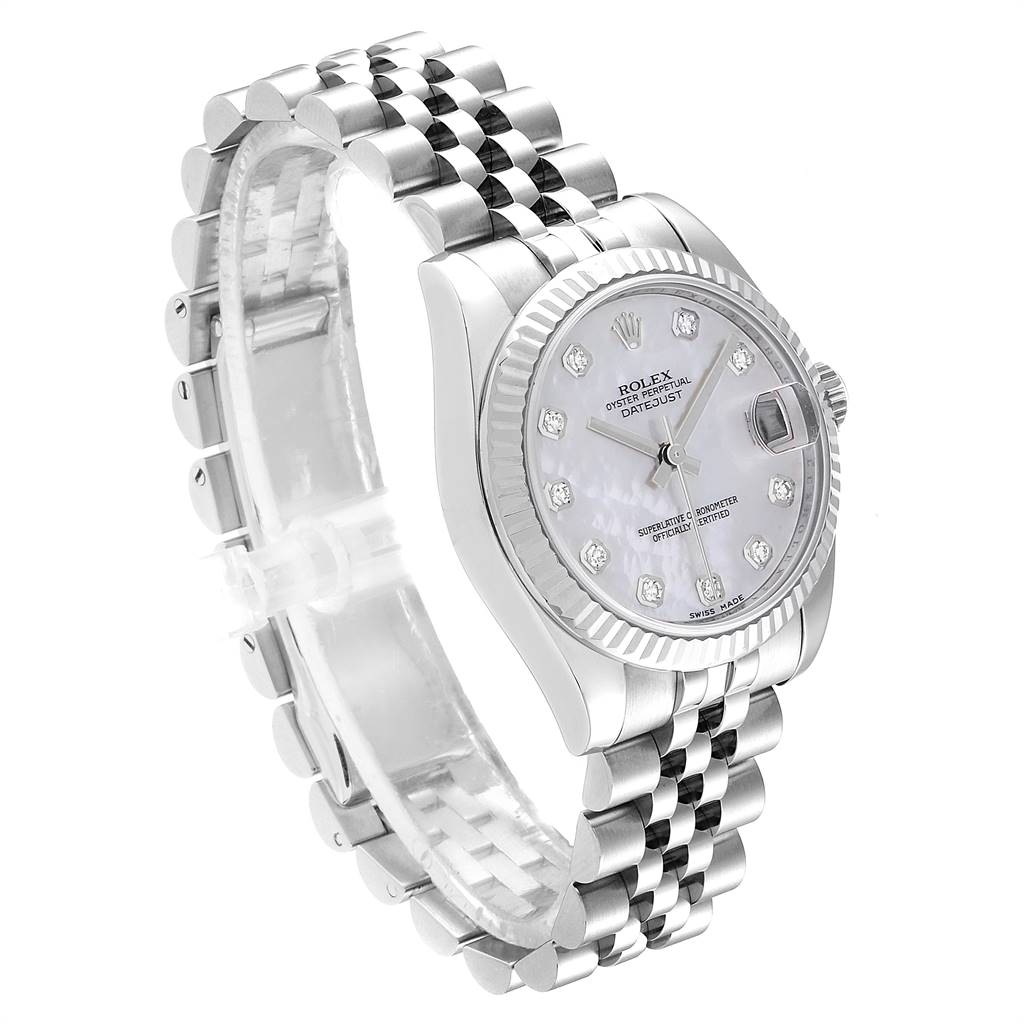 This Rolex Mid-Size 178274 Women's Stainless Steel Mother of Pearl Dial 178274 Women's Stainless Steel Mother of Pearl Dial watch is shown at an angled side view, highlighting the bracelet, dial, and bezel.