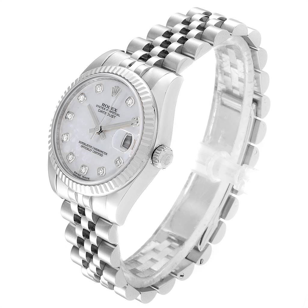 The image shows a side angle view of a Rolex Mid-Size 178274 Women's Stainless Steel Mother of Pearl Dial 178274 Women's Stainless Steel Mother of Pearl Dial watch, highlighting its bezel, dial, and Jubilee bracelet.