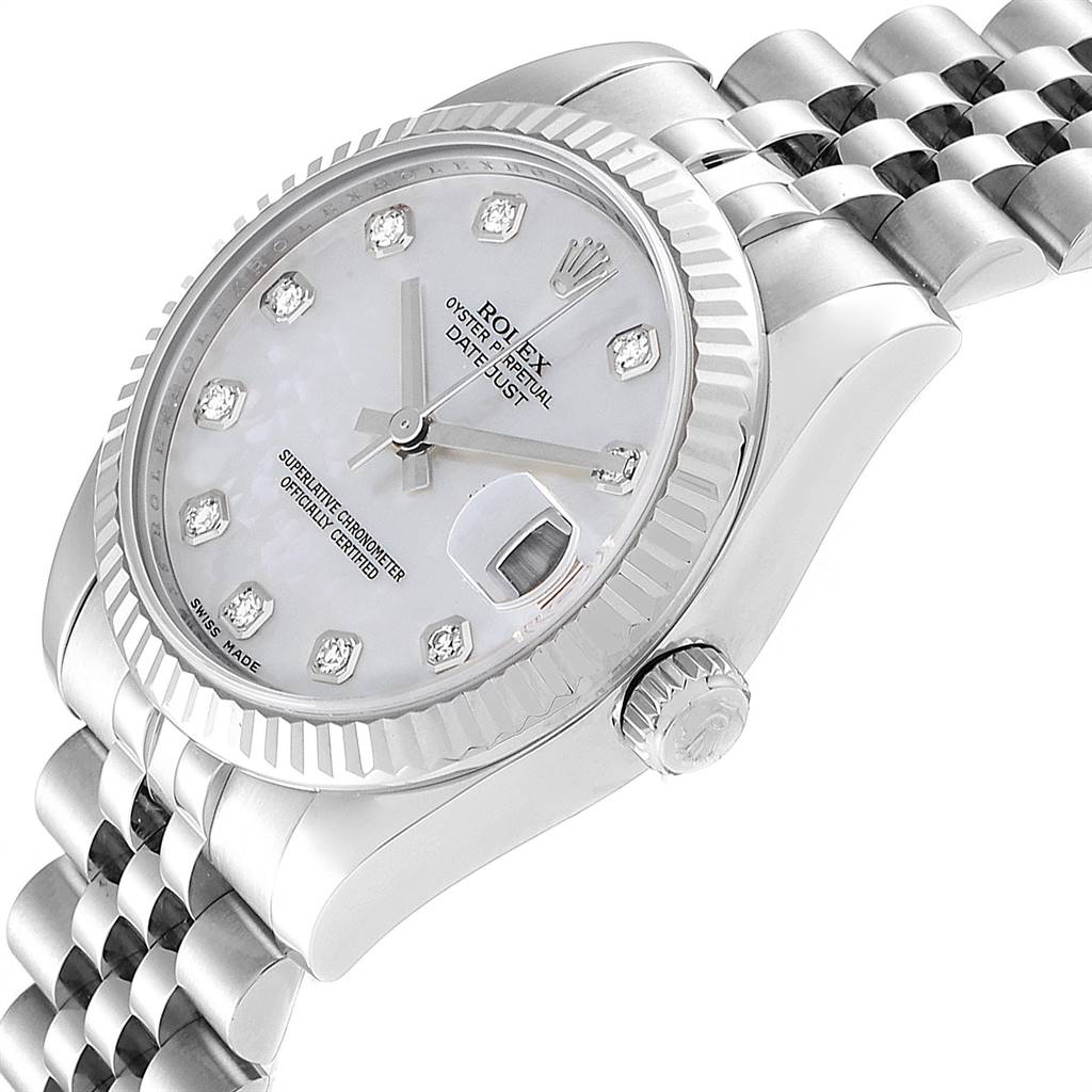 The image shows a side angle of a Mid-Size Rolex Datejust, highlighting the face, dial, crown, and bracelet.