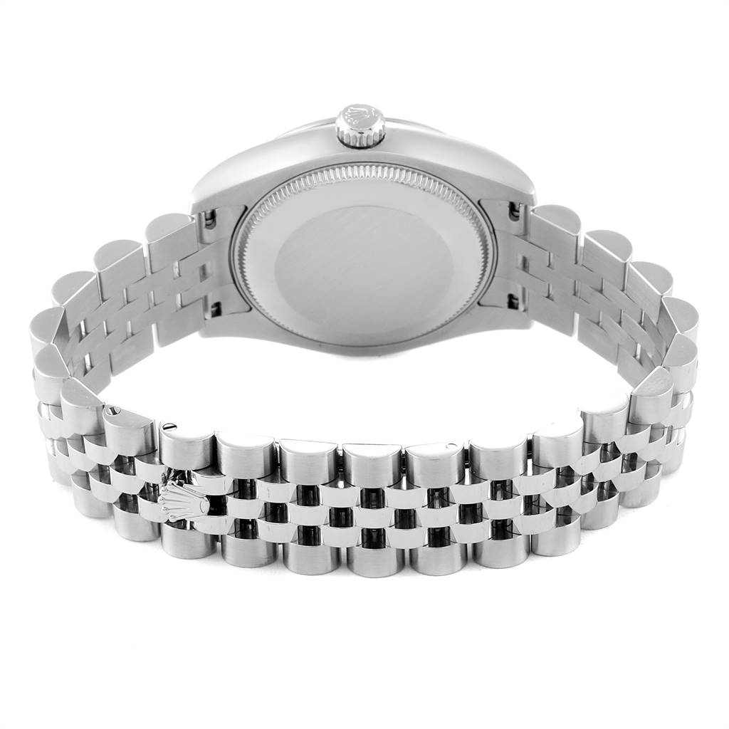 The image shows a rear view of a mid-size Rolex watch displaying its case back and bracelet.