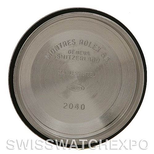 This image shows the stainless steel case back of a Mid-Size Rolex watch, viewed from above.