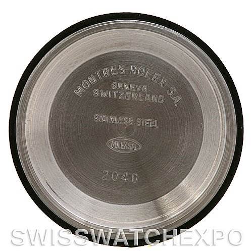 This image shows the interior of the back case of a Rolex Mid-Size 77080 Women's Stainless Steel Blue Dial 77080 Women's Stainless Steel Blue Dial model watch, featuring engraved details of manufacturing and material.