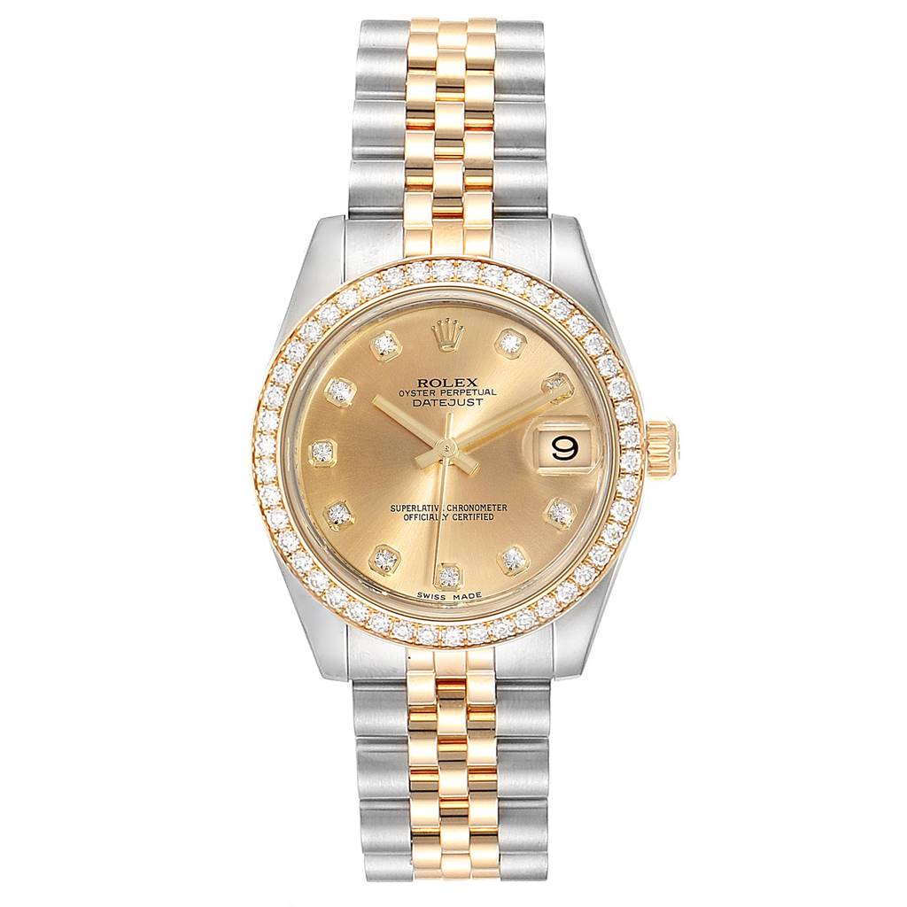 This image shows a front view of the Rolex Mid-Size 178383 Women's Steel and Gold (two tone) Champagne Dial 178383 Women's Steel and Gold (two tone) Champagne Dial Oyster Perpetual Datejust watch, highlighting its dial, bezel, and bracelet.
