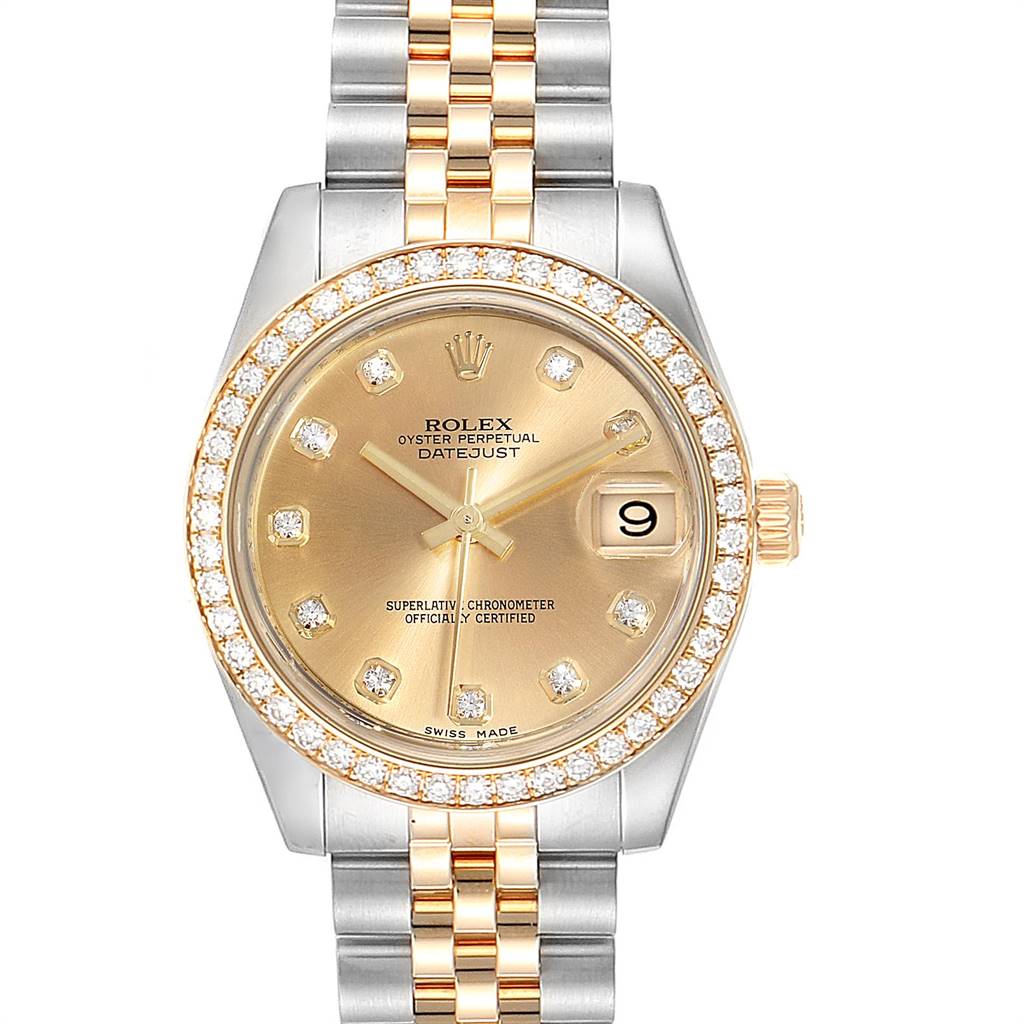 The image shows a front view of a Rolex Datejust Mid-Size watch with a gold dial, diamond markers, and a two-tone bracelet.