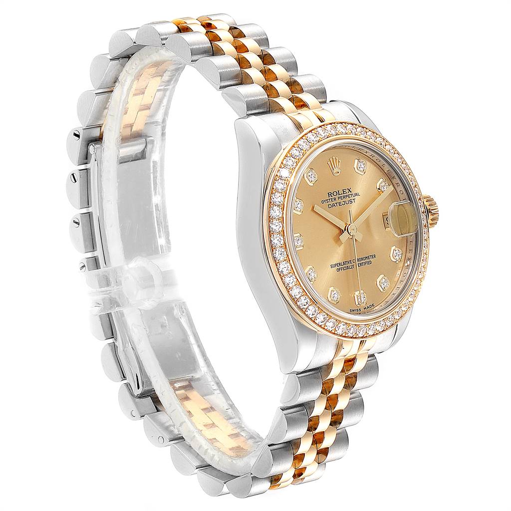 This image shows a side angle view of a Rolex Mid-Size 178383 Women's Steel and Gold (two tone) Champagne Dial 178383 Women's Steel and Gold (two tone) Champagne Dial Datejust, focusing on the dial, bezel, and two-tone bracelet.