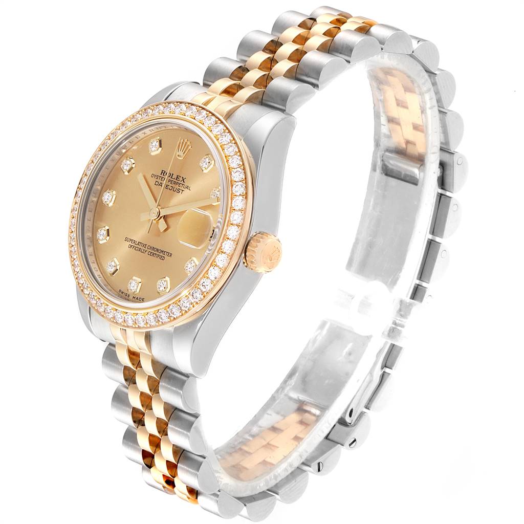 This image shows a side angle of a Rolex Mid-Size 178383 Women's Steel and Gold (two tone) Champagne Dial 178383 Women's Steel and Gold (two tone) Champagne Dial model, featuring the bezel, dial, crown, and bracelet.