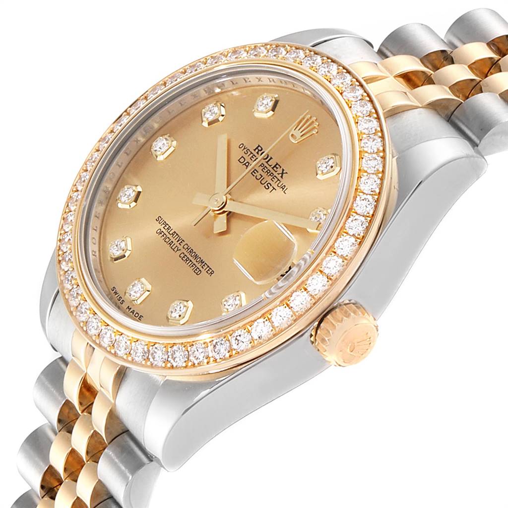 The image shows a close-up, angled view of a Rolex Mid-Size 178383 Women's Steel and Gold (two tone) Champagne Dial 178383 Women's Steel and Gold (two tone) Champagne Dial Datejust watch, highlighting the face, bezel, crown, and bracelet.