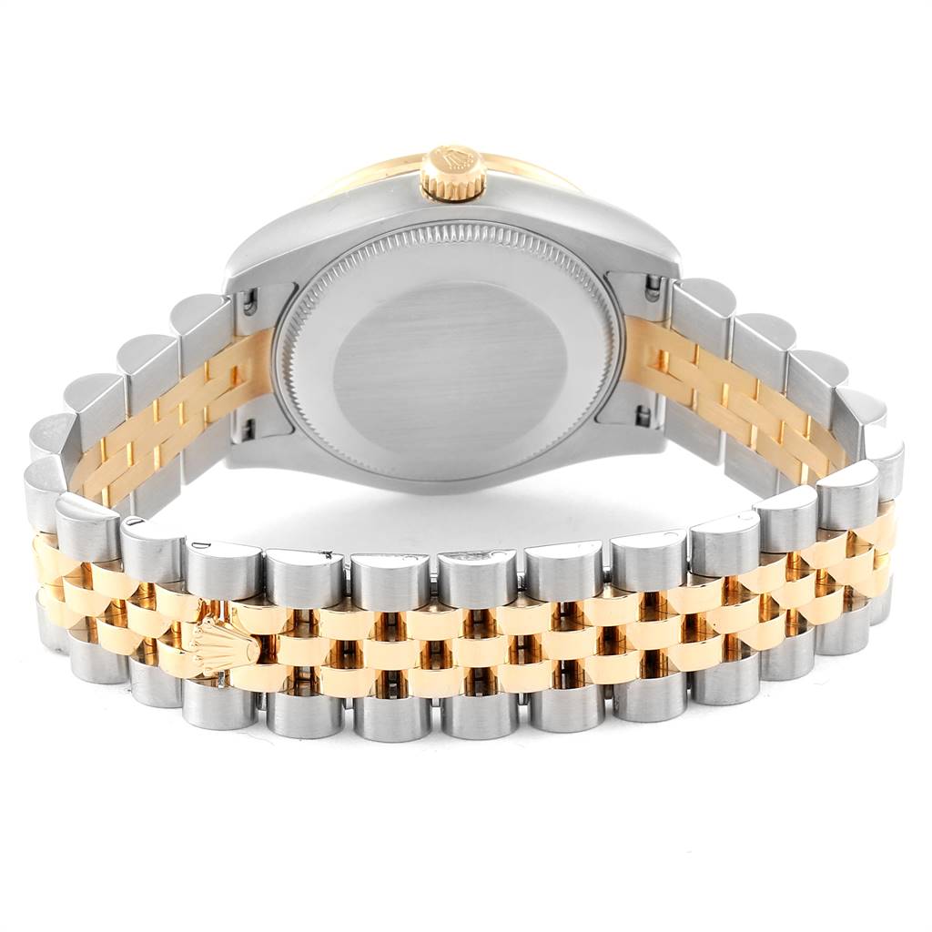 The image shows the back view of a Rolex Mid-Size 178383 Women's Steel and Gold (two tone) Champagne Dial 178383 Women's Steel and Gold (two tone) Champagne Dial model watch, highlighting its case back and two-tone bracelet.