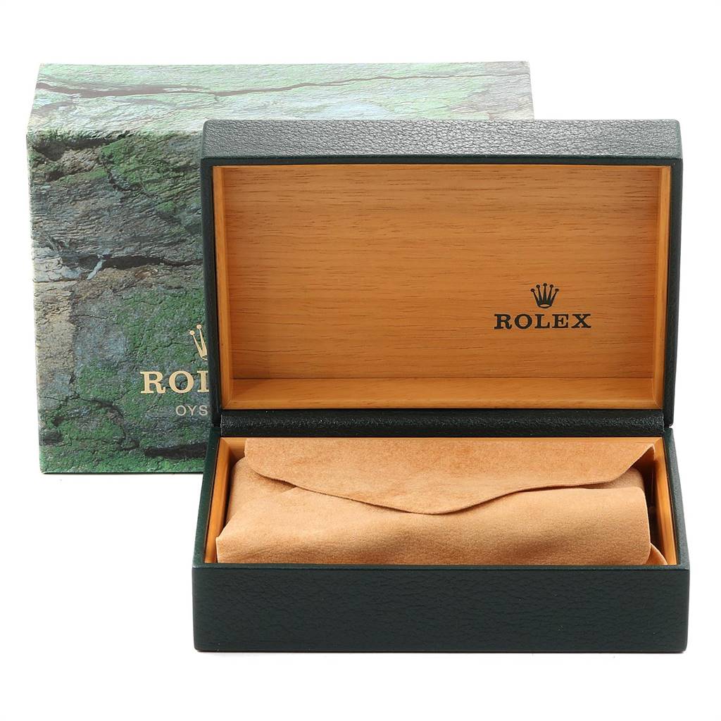 The image shows an open Rolex watch box with the lid and interior, including a cloth pouch, all from a Mid-Size model.