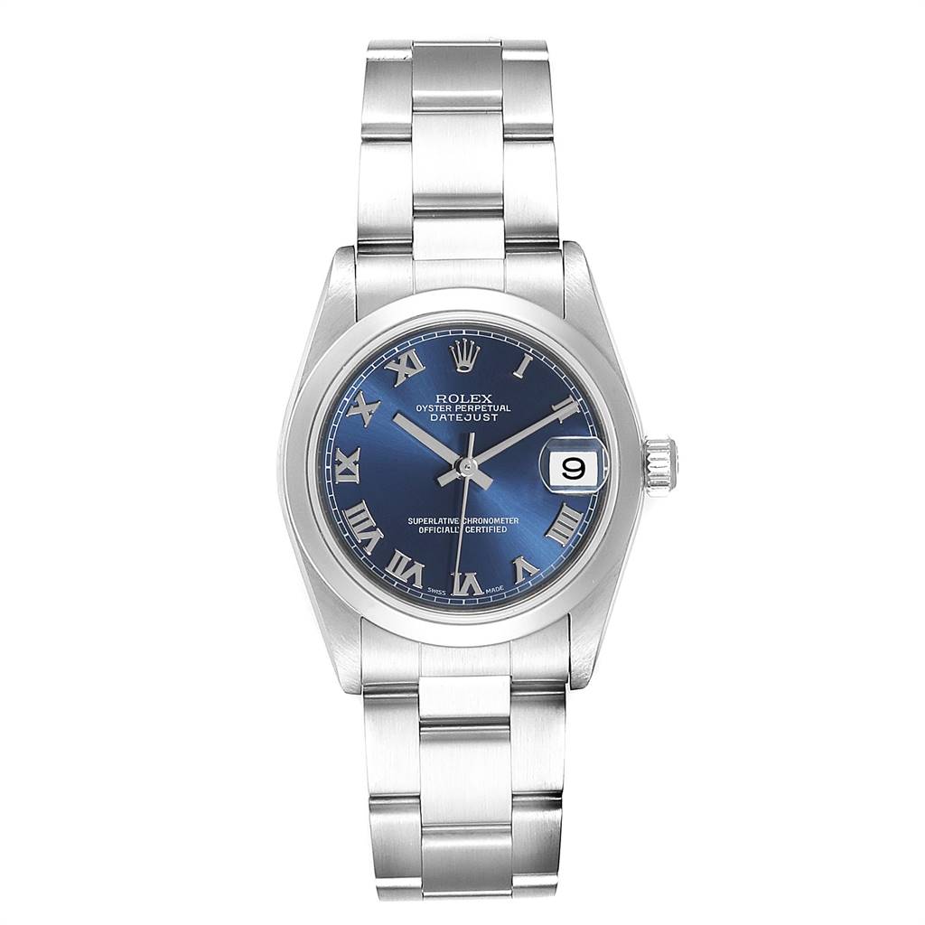The image shows a front view of a Rolex Mid-Size 78240 Women's Stainless Steel Blue Dial 78240 Women's Stainless Steel Blue Dial Datejust watch with a blue dial and Roman numeral markers.