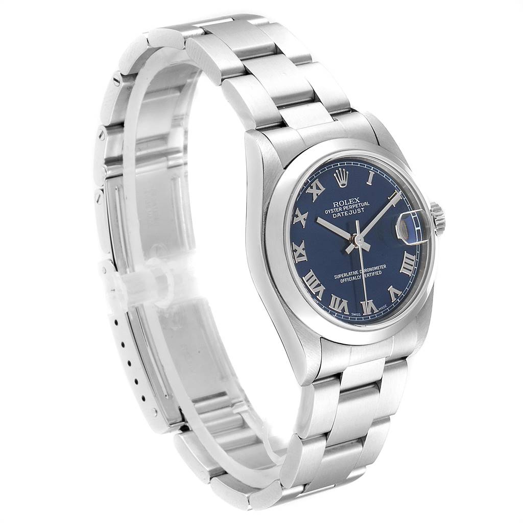 The image shows a Rolex Mid-Size 78240 Women's Stainless Steel Blue Dial 78240 Women's Stainless Steel Blue Dial model watch angled from the front-left, displaying the dial, bracelet, and side of the case.