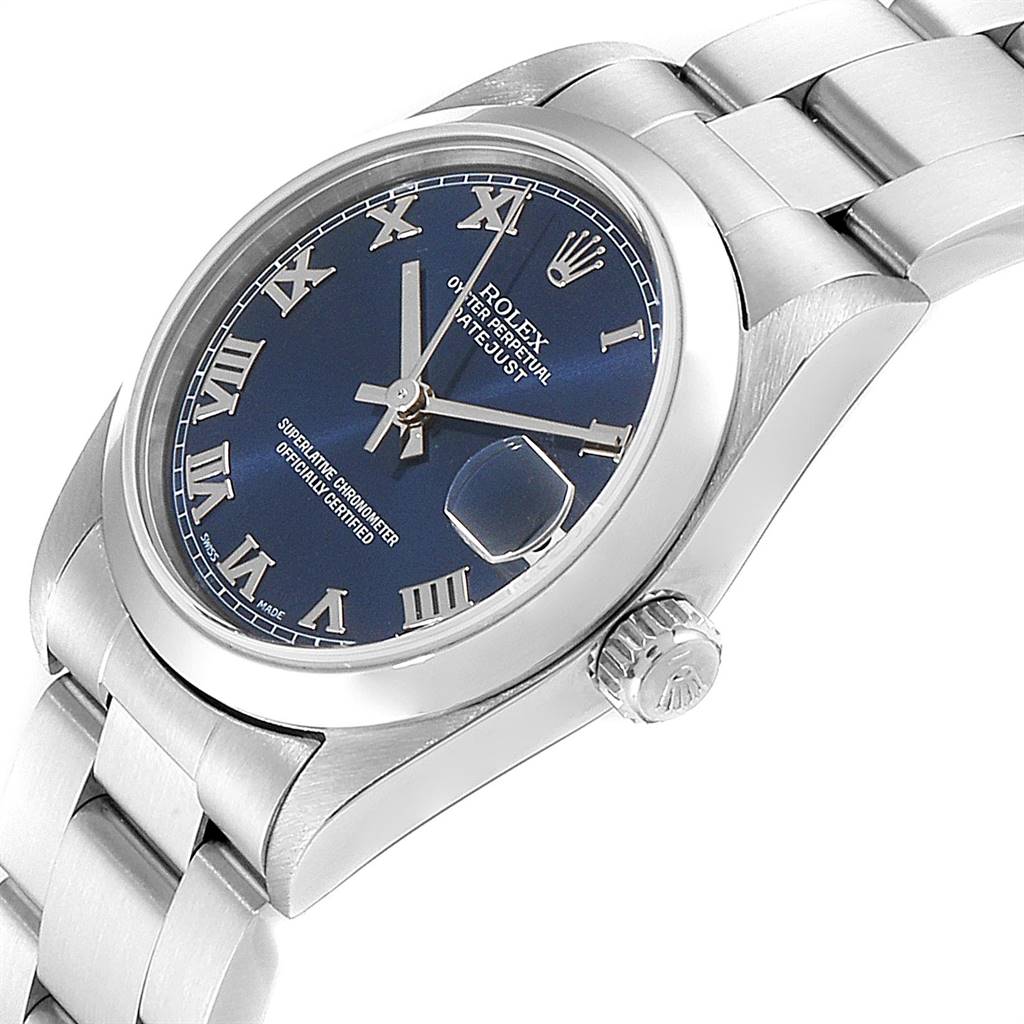 The Rolex Mid-Size 78240 Women's Stainless Steel Blue Dial 78240 Women's Stainless Steel Blue Dial model watch is shown at an angle displaying the dial, crown, and part of the bracelet.