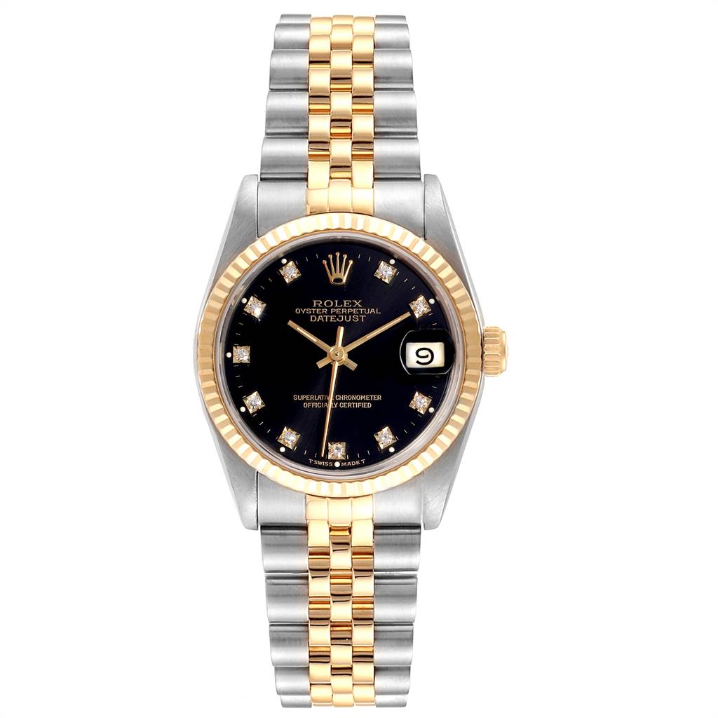 The Rolex Mid-Size 68273 Women's Steel and Gold (two tone) Black Dial 68273 Women's Steel and Gold (two tone) Black Dial Oyster Perpetual Datejust watch is shown from a top-down angle, featuring its black dial, gold and silver Jubilee bracelet, and fluted bezel.