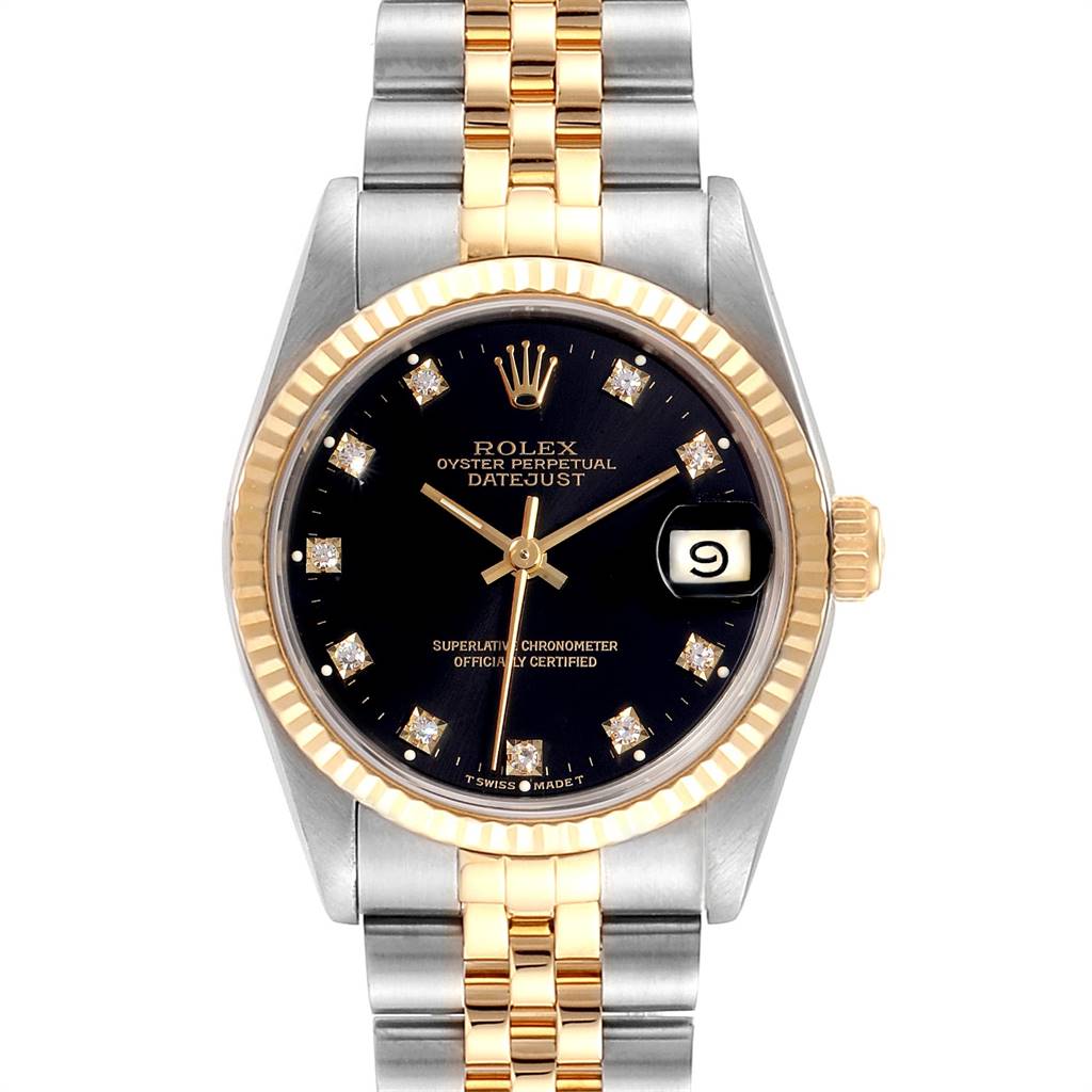 This image shows a front view of a Rolex Mid-Size 68273 Women's Steel and Gold (two tone) Black Dial 68273 Women's Steel and Gold (two tone) Black Dial Datejust watch, highlighting its dial, bezel, and bracelet.