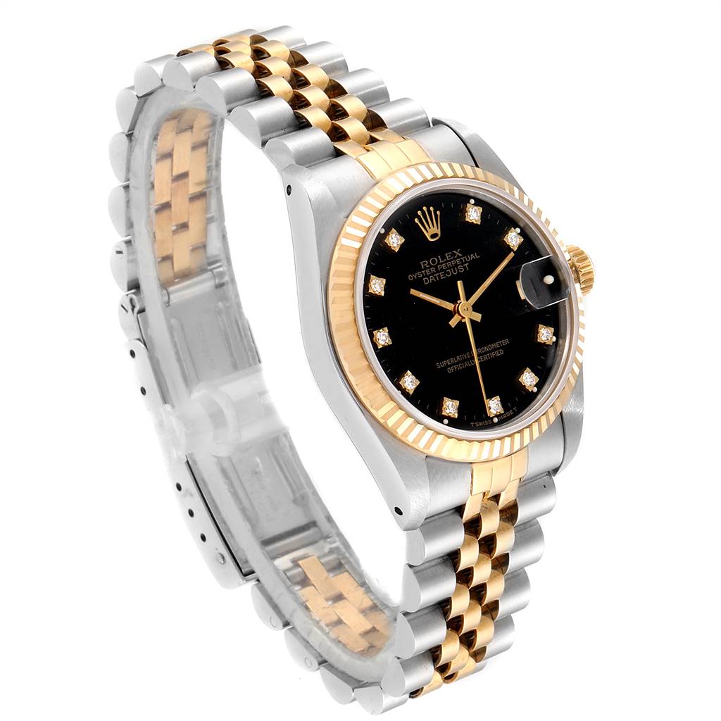 The Rolex Mid-Size 68273 Women's Steel and Gold (two tone) Black Dial 68273 Women's Steel and Gold (two tone) Black Dial model watch is shown from a three-quarter angle, highlighting its black dial, gold bezel, and two-tone bracelet.