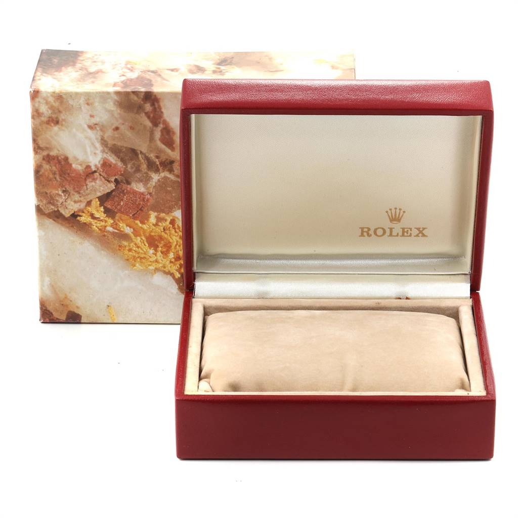 The image shows an open Rolex watch box for a Mid-Size model, along with its outer packaging.