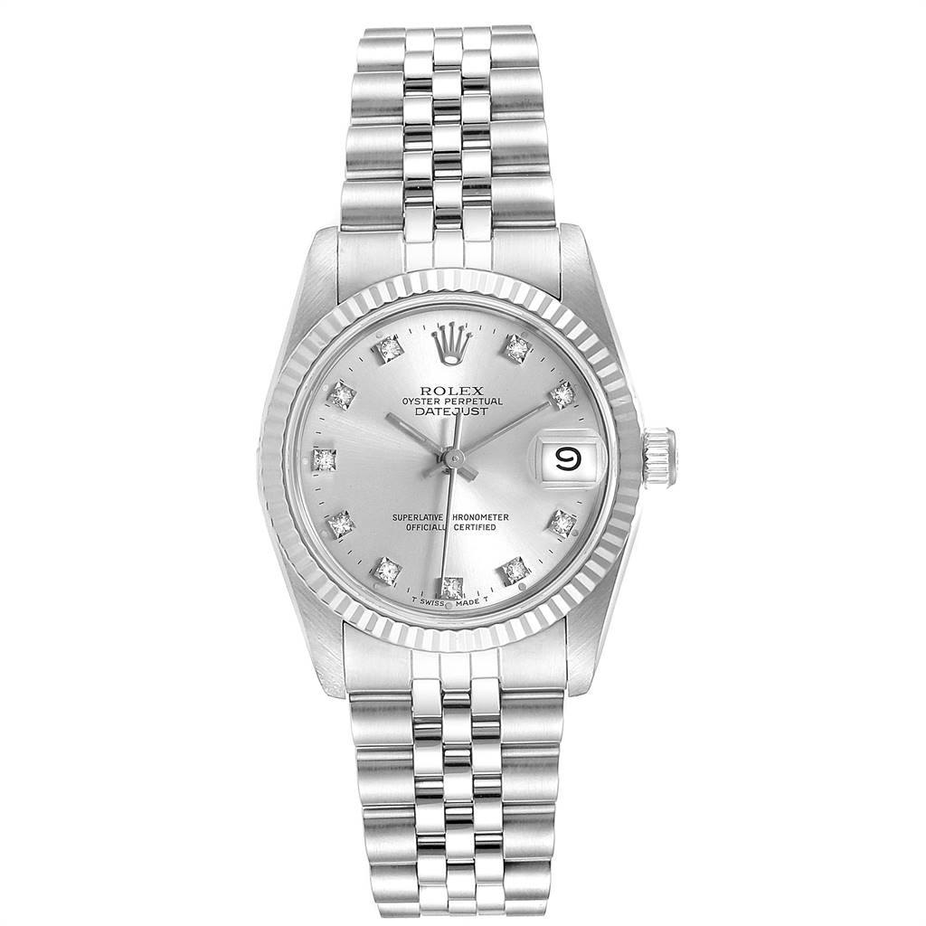 The image shows a front view of a Rolex Mid-Size 68274 Women's Stainless Steel Silver Dial 68274 Women's Stainless Steel Silver Dial Oyster Perpetual Datejust watch with a silver dial and jubilee bracelet.