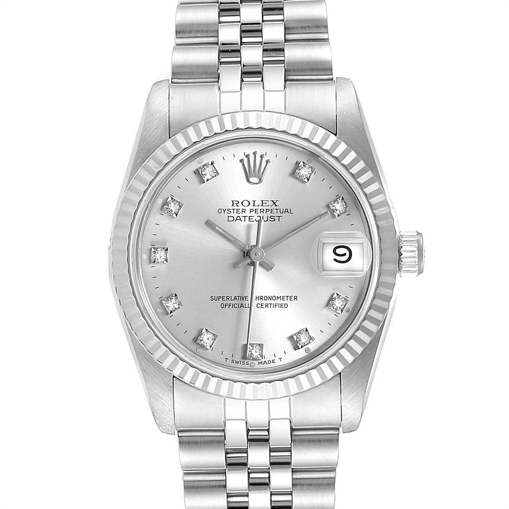 The image shows a front view of a Rolex Mid-Size 68274 Women's Stainless Steel Silver Dial 68274 Women's Stainless Steel Silver Dial Oyster Perpetual Datejust watch, showcasing the dial, bezel, crown, and bracelet.