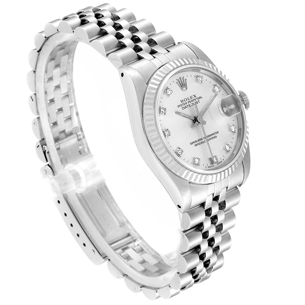 The Rolex Mid-Size 68274 Women's Stainless Steel Silver Dial 68274 Women's Stainless Steel Silver Dial model watch is shown at an angled front view, highlighting the face, bezel, crown, and bracelet.