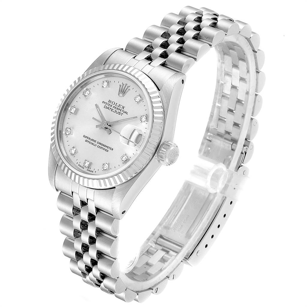 This Rolex Mid-Size 68274 Women's Stainless Steel Silver Dial 68274 Women's Stainless Steel Silver Dial watch is shown at a three-quarter angle, displaying its face, bezel, crown, and Jubilee bracelet.