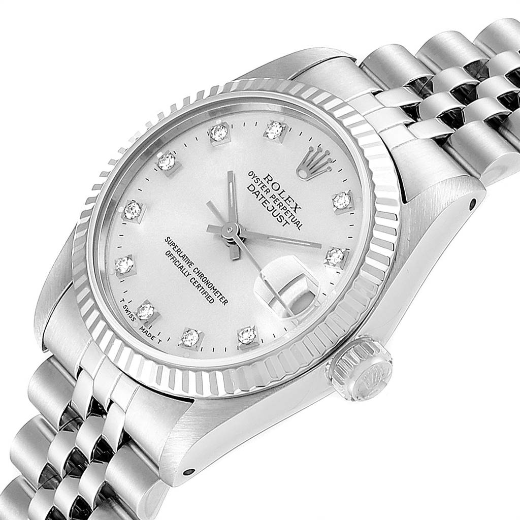 The Rolex Mid-Size 68274 Women's Stainless Steel Silver Dial 68274 Women's Stainless Steel Silver Dial Datejust is shown from an angled close-up, displaying the dial, bezel, crown, and part of the bracelet.