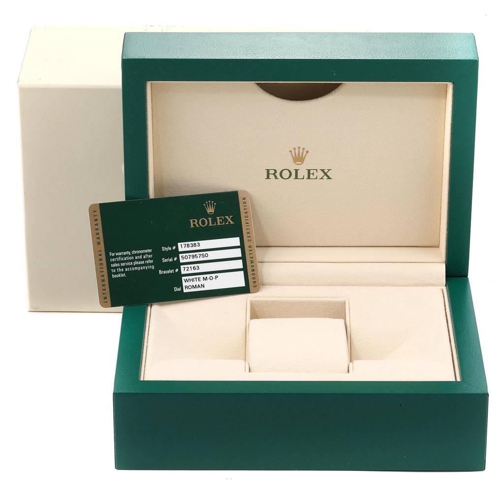The image shows the open box and warranty card for the Rolex Mid-Size 178383 Women
s Steel and Gold (two tone) Mother of Pearl Dial 178383 Women
s Steel and Gold (two tone) Mother of Pearl Dial model watch.