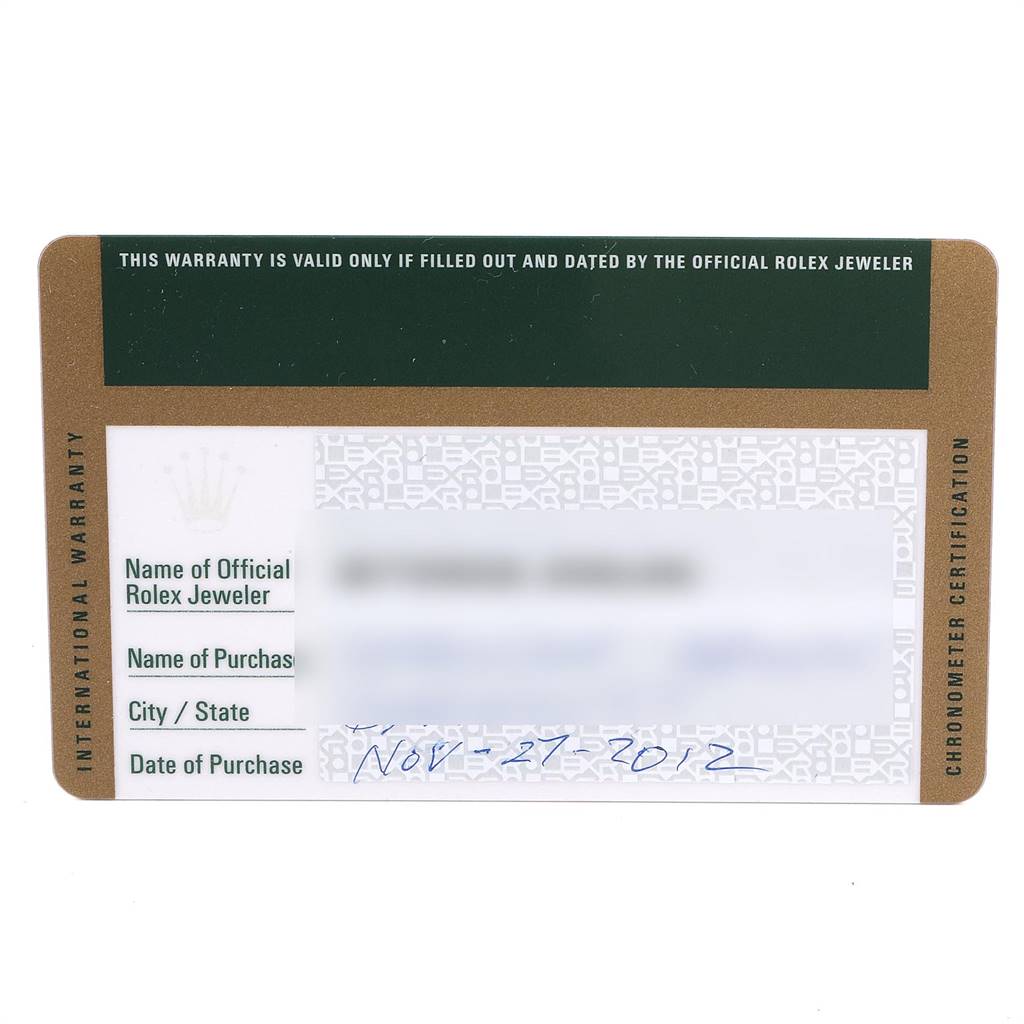 This image shows the international warranty card for a Mid-Size Rolex watch, featuring official purchase details.