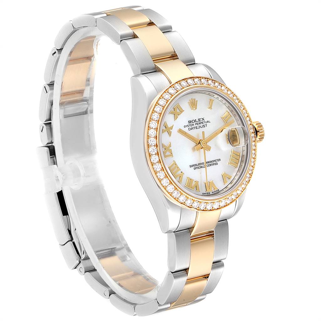 The image shows a side and angled view of a Rolex Mid-Size 178383 Women
s Steel and Gold (two tone) Mother of Pearl Dial 178383 Women
s Steel and Gold (two tone) Mother of Pearl Dial Datejust, highlighting the watch face, bezel, and bracelet.