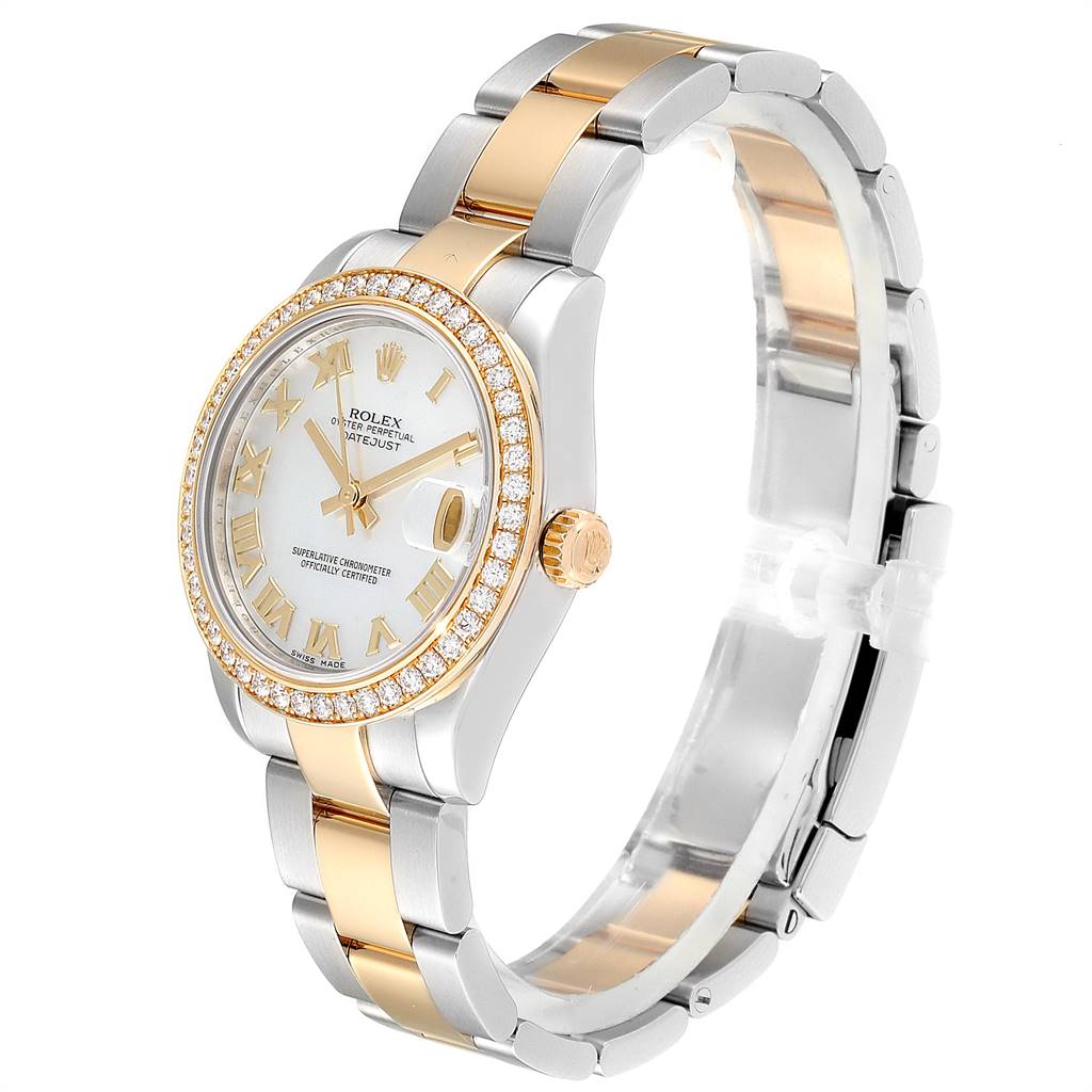 This Rolex Mid-Size 178383 Women
s Steel and Gold (two tone) Mother of Pearl Dial 178383 Women
s Steel and Gold (two tone) Mother of Pearl Dial Datejust watch is shown at a three-quarter angle, displaying the face, bezel, and bracelet.