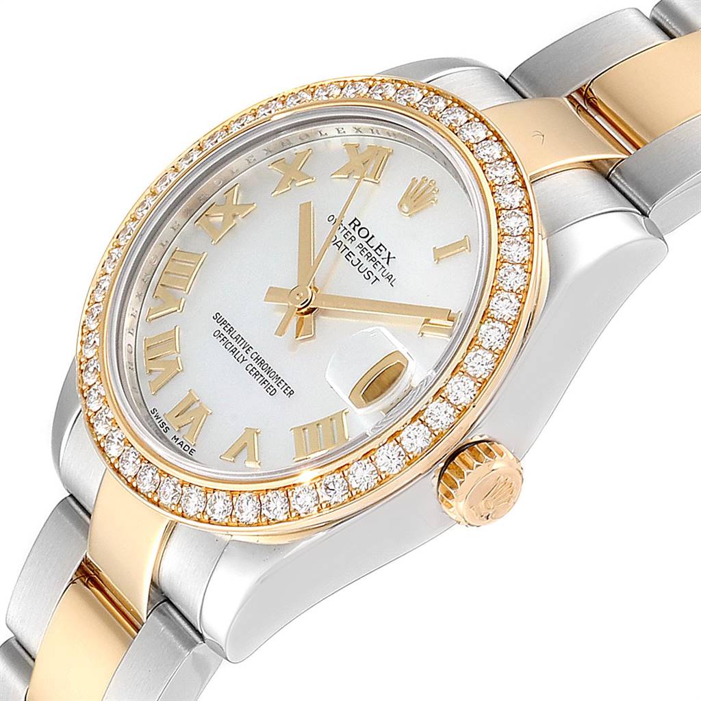 This image shows a close-up of the Rolex Mid-Size 178383 Women
s Steel and Gold (two tone) Mother of Pearl Dial 178383 Women
s Steel and Gold (two tone) Mother of Pearl Dial model, highlighting the dial, bejeweled bezel, and part of the bracelet.