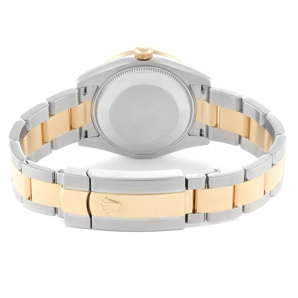 This image shows the rear view of the Rolex Mid-Size 178383 Women
s Steel and Gold (two tone) Mother of Pearl Dial 178383 Women
s Steel and Gold (two tone) Mother of Pearl Dial model watch, focusing on the bracelet and closed clasp.