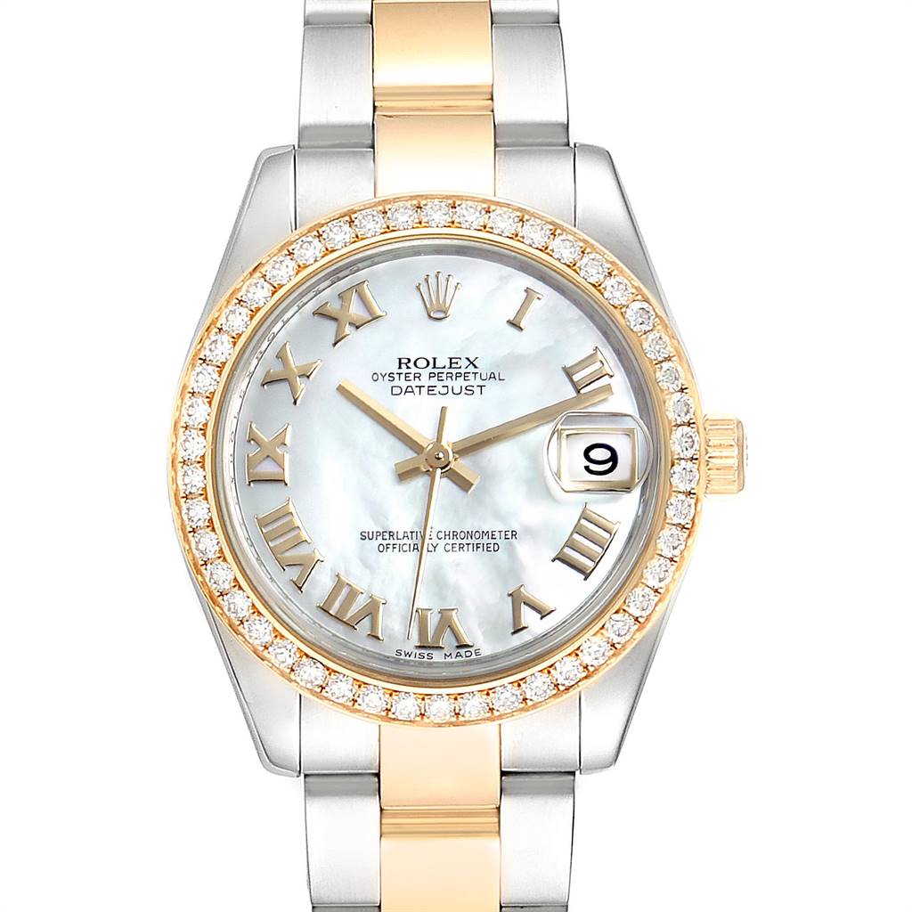 The image shows a front view of a Rolex Mid-Size 178383 Women
s Steel and Gold (two tone) Mother of Pearl Dial 178383 Women
s Steel and Gold (two tone) Mother of Pearl Dial Datejust watch, highlighting its face, bezel, crown, and bracelet.