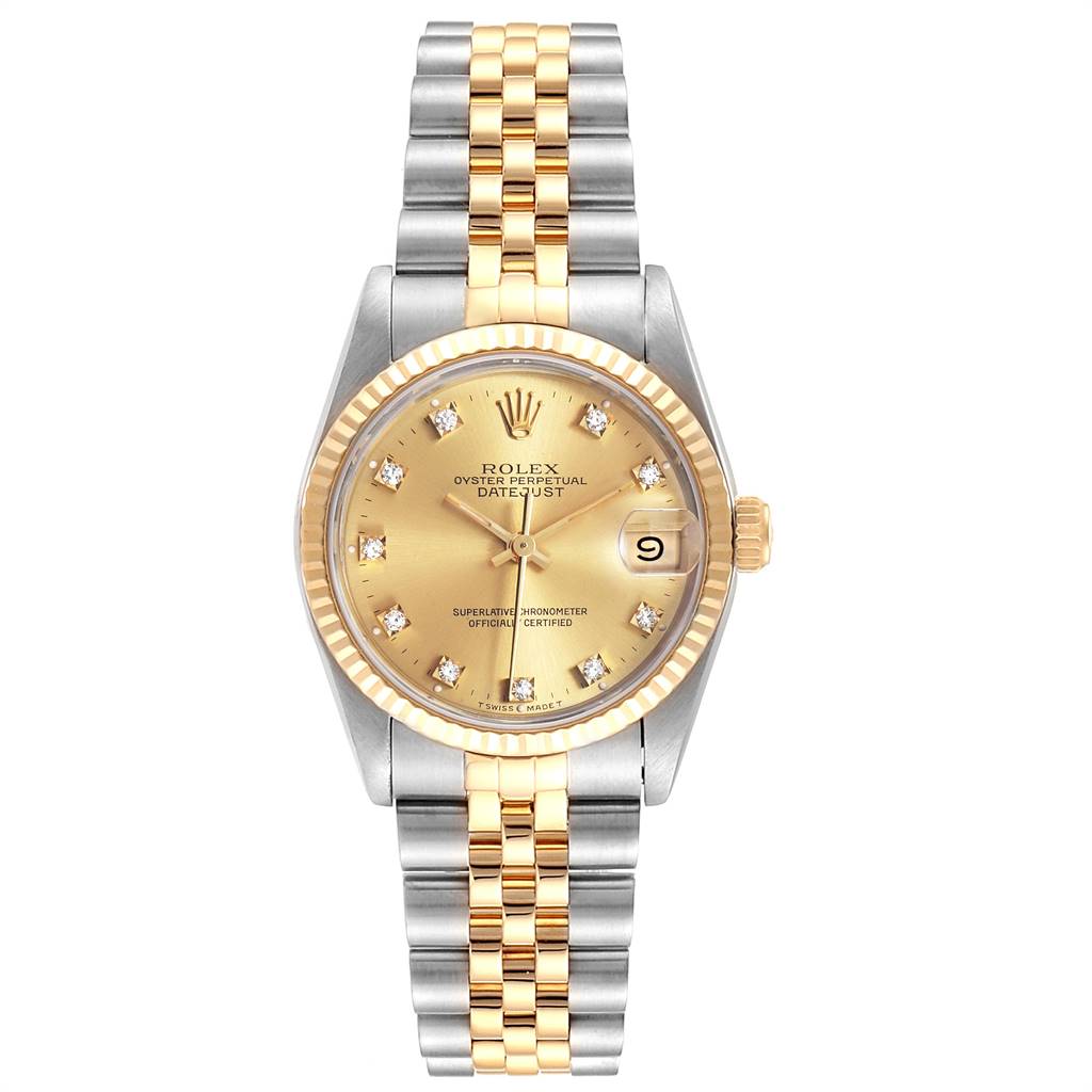 This image shows a front view of a Mid-Size Rolex Datejust watch, highlighting the gold and silver bracelet, gold dial, and date window.