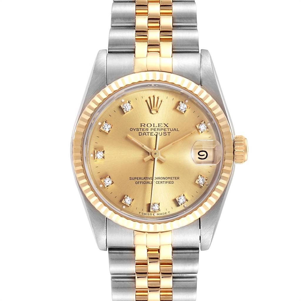 The image shows a Rolex Mid-Size 68273 Women's Steel and Gold (two tone) Champagne Dial 68273 Women's Steel and Gold (two tone) Champagne Dial Oyster Perpetual Datejust watch from a front angle, highlighting the gold and silver band and champagne dial.